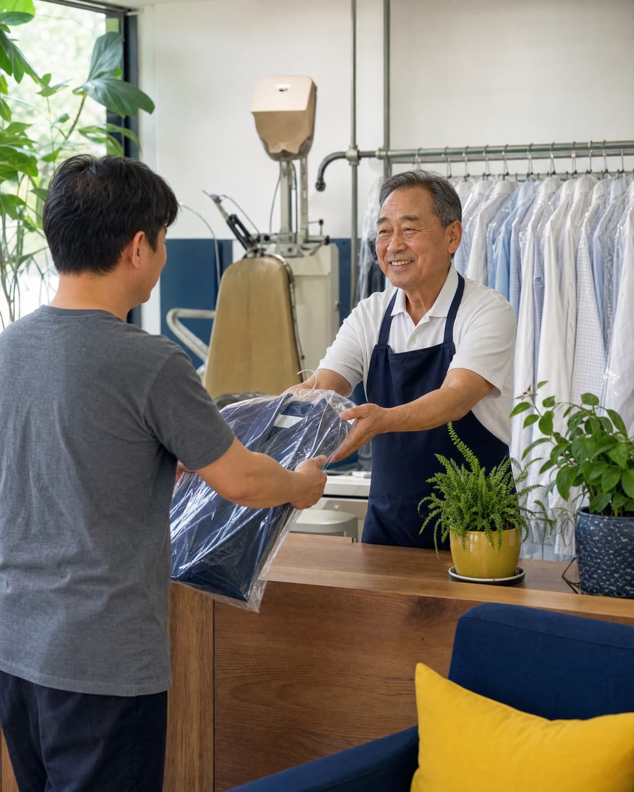 The owner or crew at work in their dry cleaner
